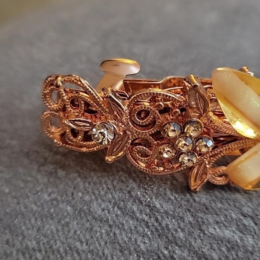 Vintage Rose Gold Filigree Butterfly Rhinestone Hinged Fairycore Barrette